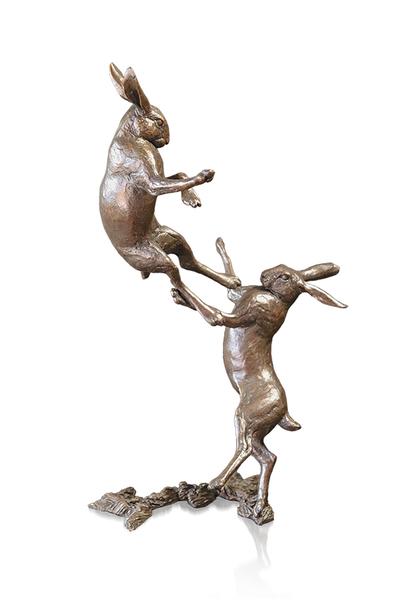 Medium Hares Boxing (1140) Solid Bronze Sculpture By Michael Simpson