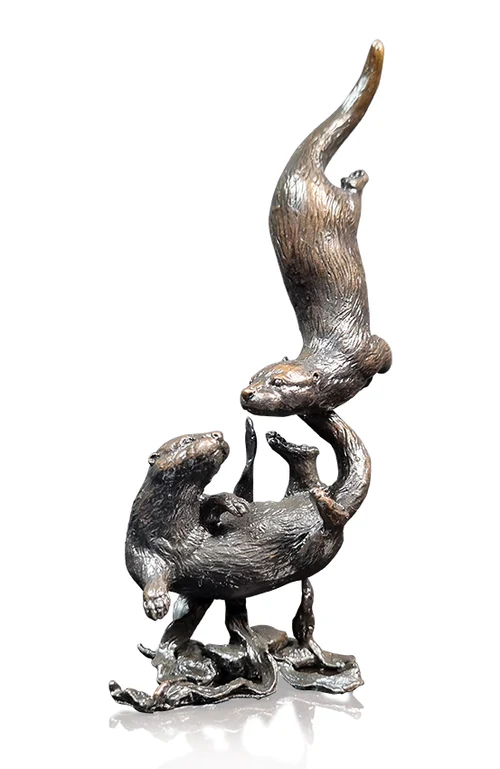 Solid Bronze Otter Pair Playing (1214)