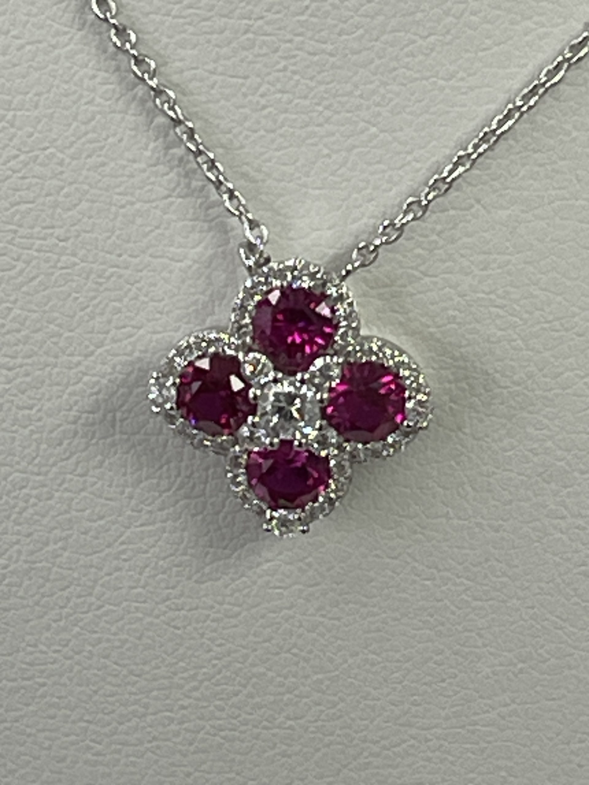 Sterling Silver Red Stone & CZ Four Leaf Clover Design Pendant