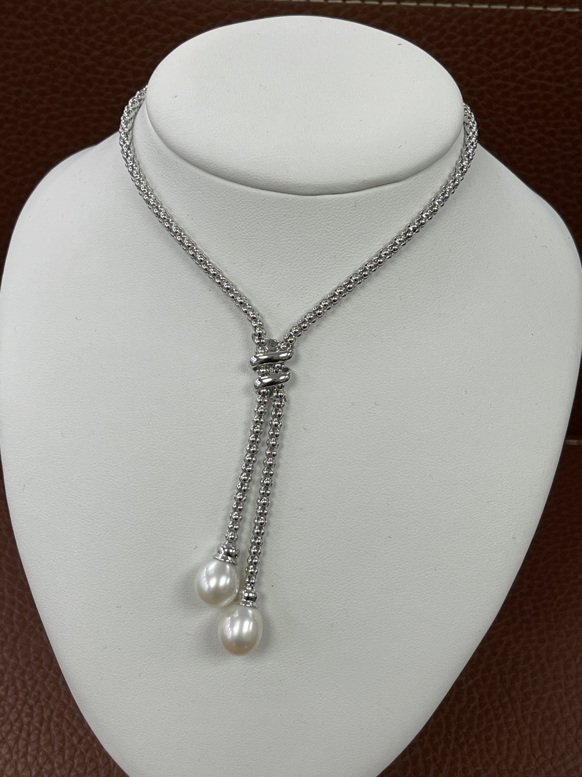 Sterling Silver Double Pearl Dangle Pendant Necklace