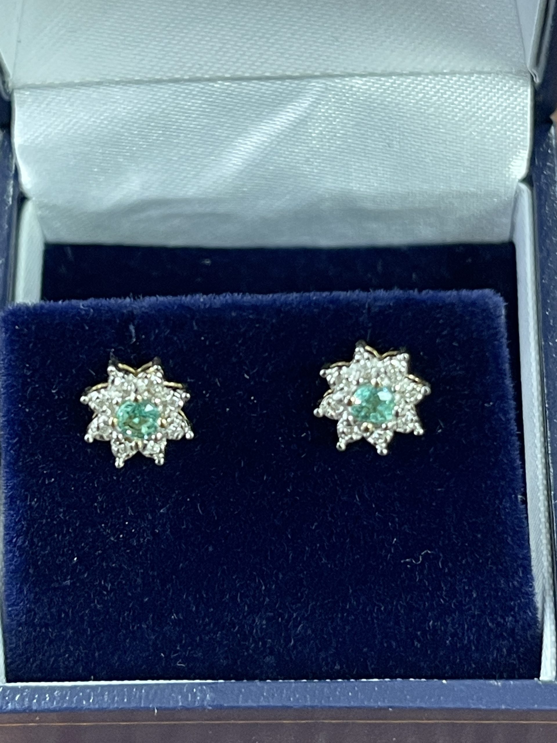 9ct Diamond & Emerald Stud Cluster Earrings