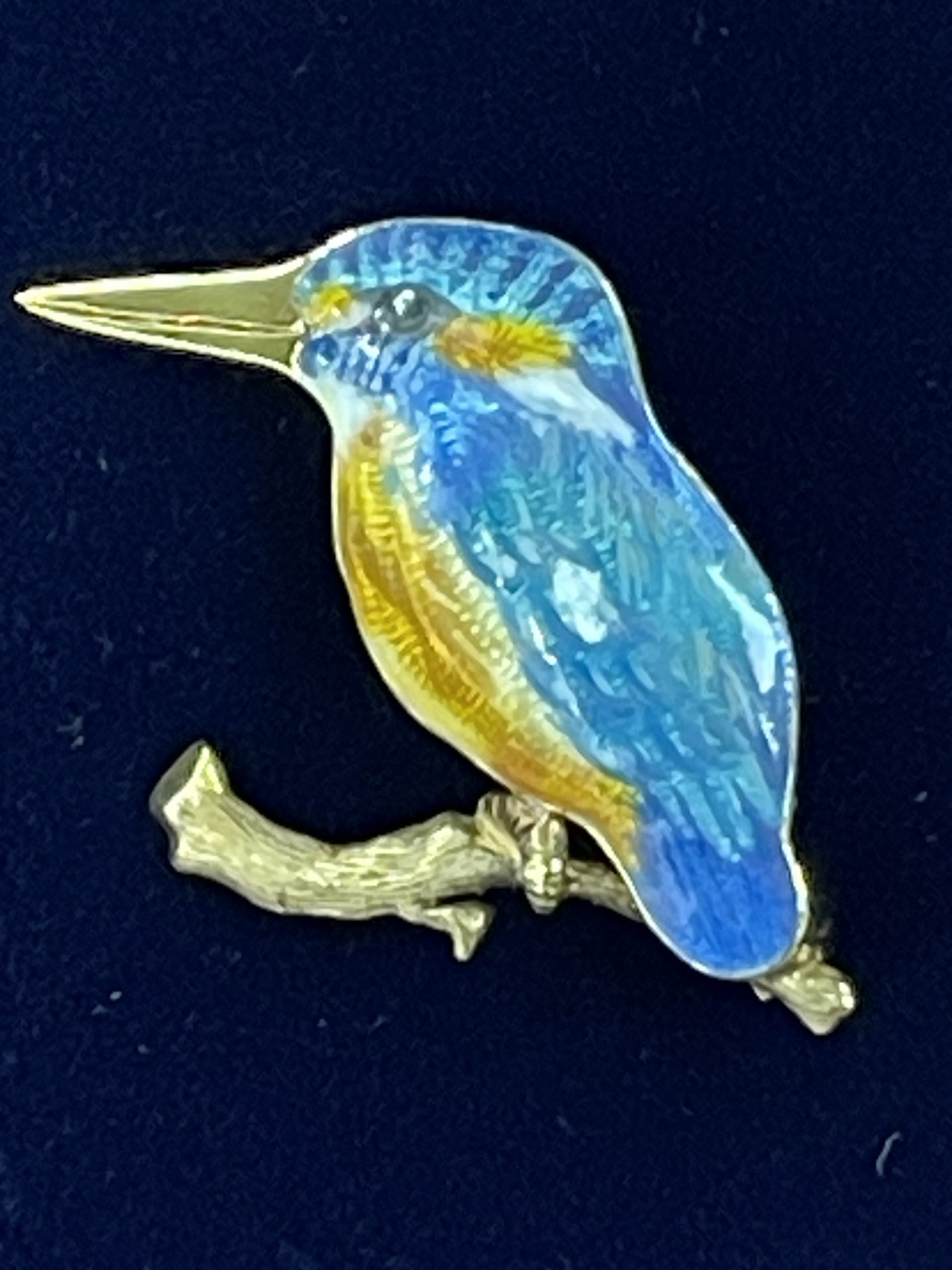 9ct Yellow Gold Enamel Kingfisher Brooch Secondhand