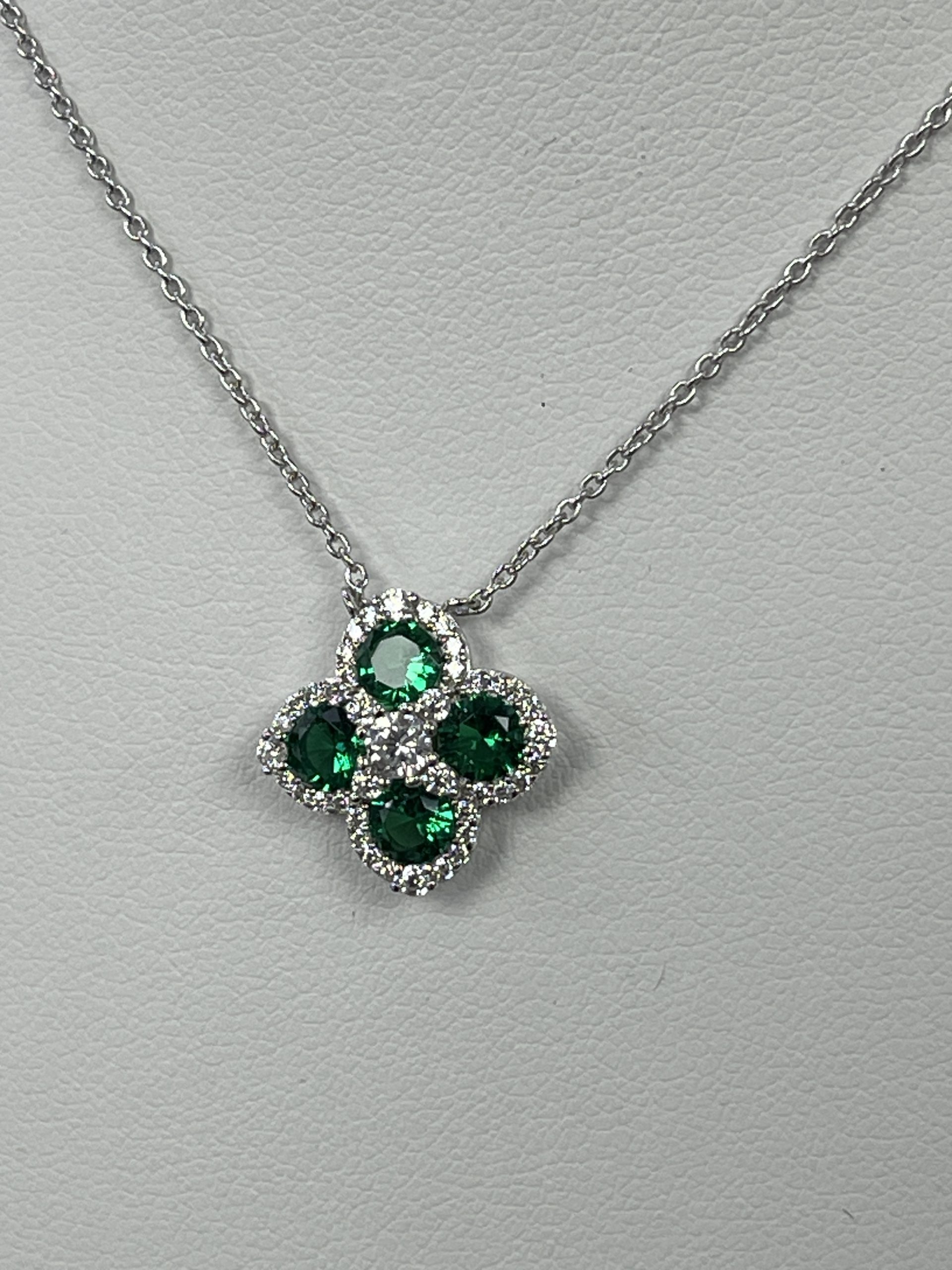Sterling Silver Green Stone & CZ Four Leaf Clover Design Pendant