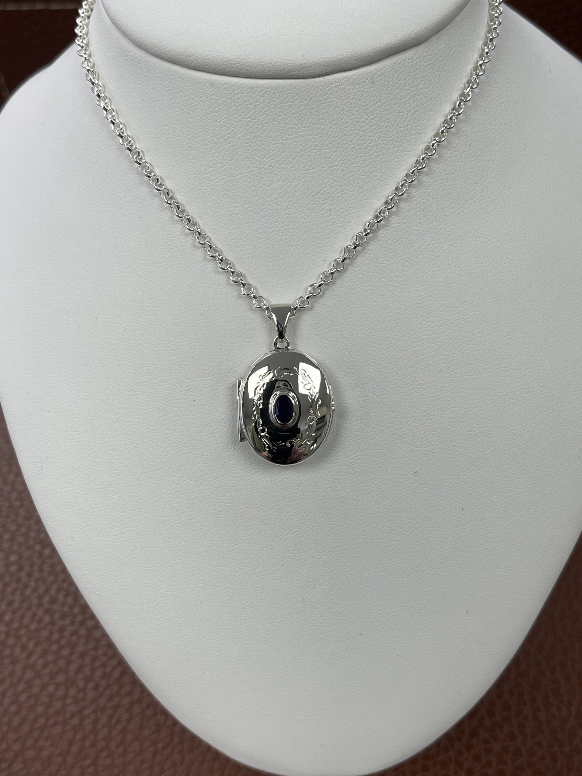 Sterling Silver Amethyst Locket & Belcher Chain