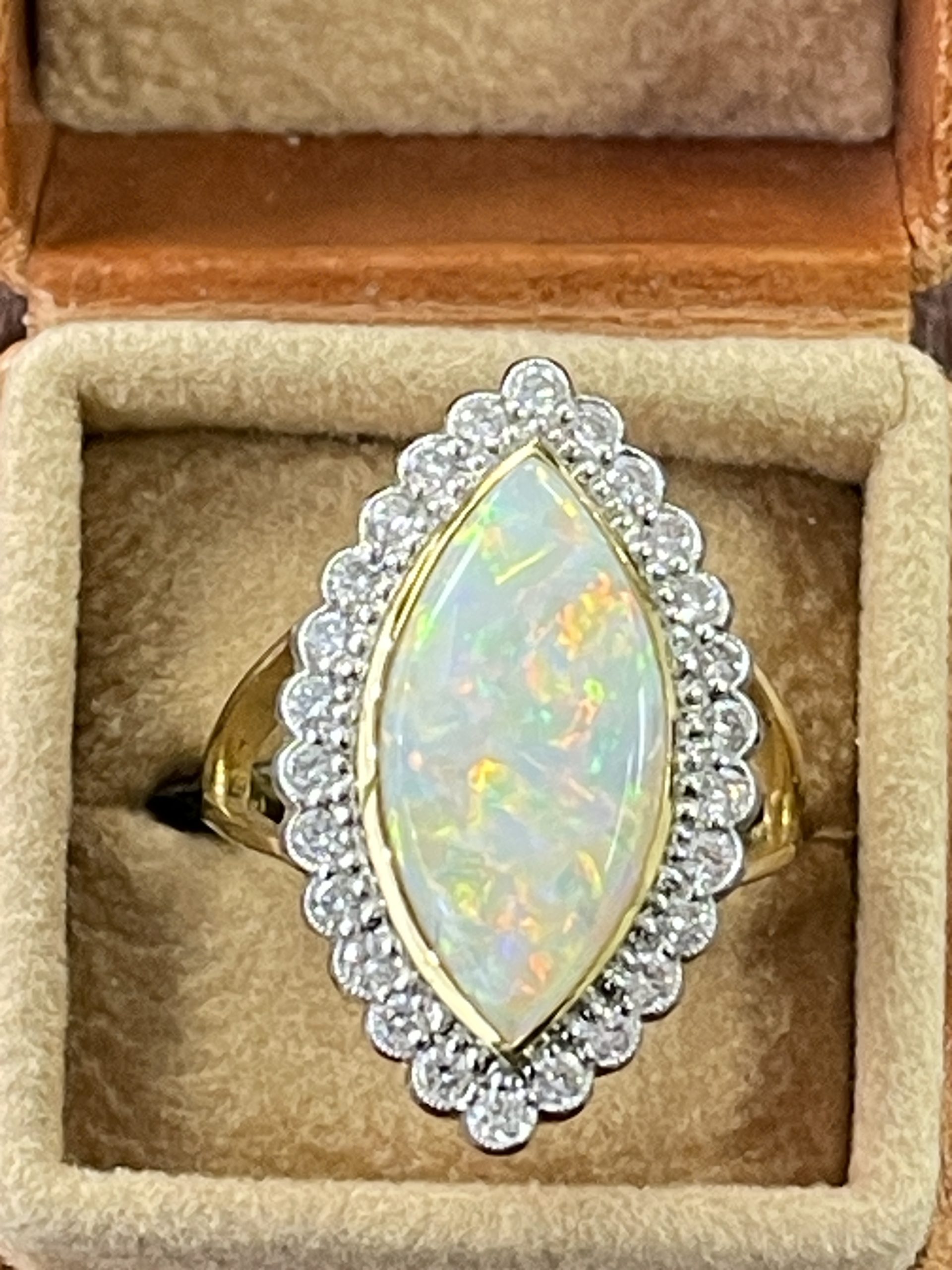 18ct Yellow Gold Opal & Diamond Marquise Ring Secondhand