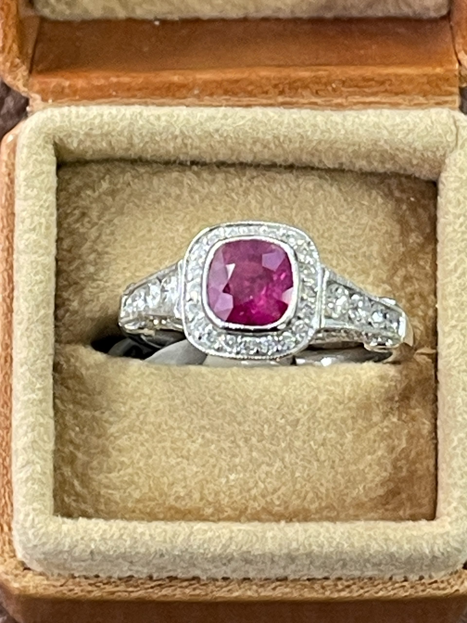 18ct White Gold Ruby & Diamond Halo Set Cluster Ring