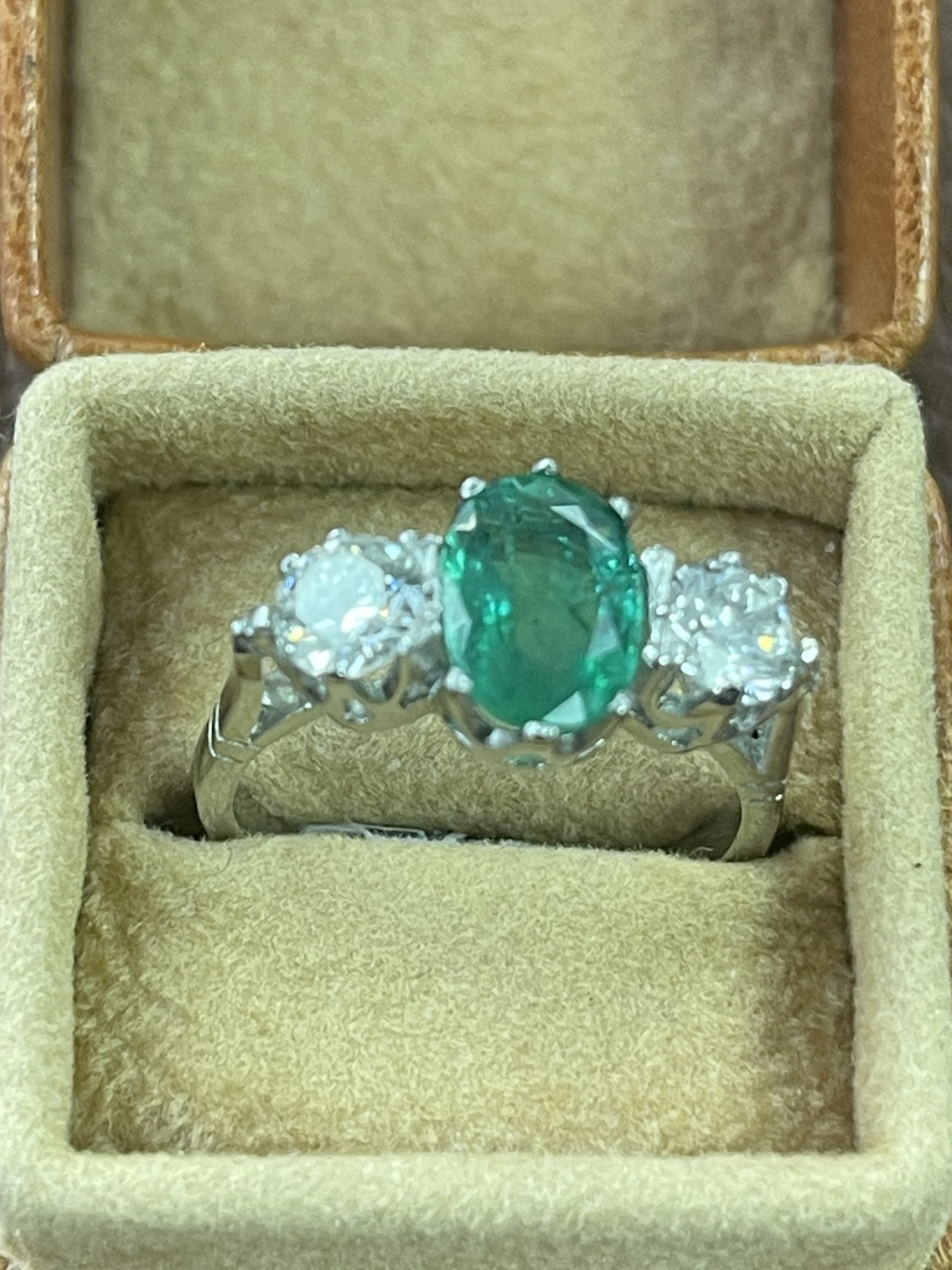 Emerald and Diamond Three Stone Platinum Ring Preowned