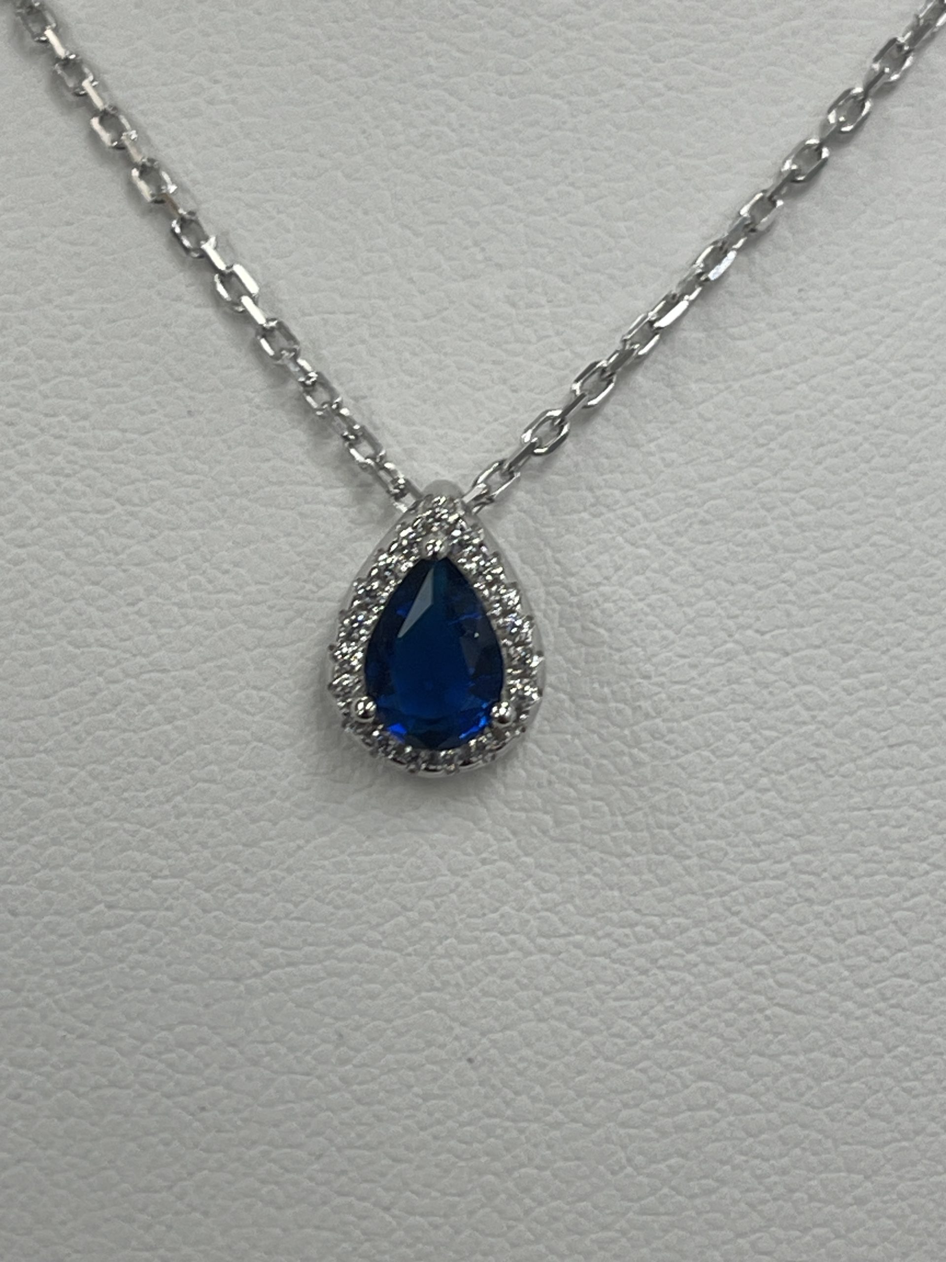 Sterling Silver Blue CZ & White CZ Pear Shaped Pendant & Chain