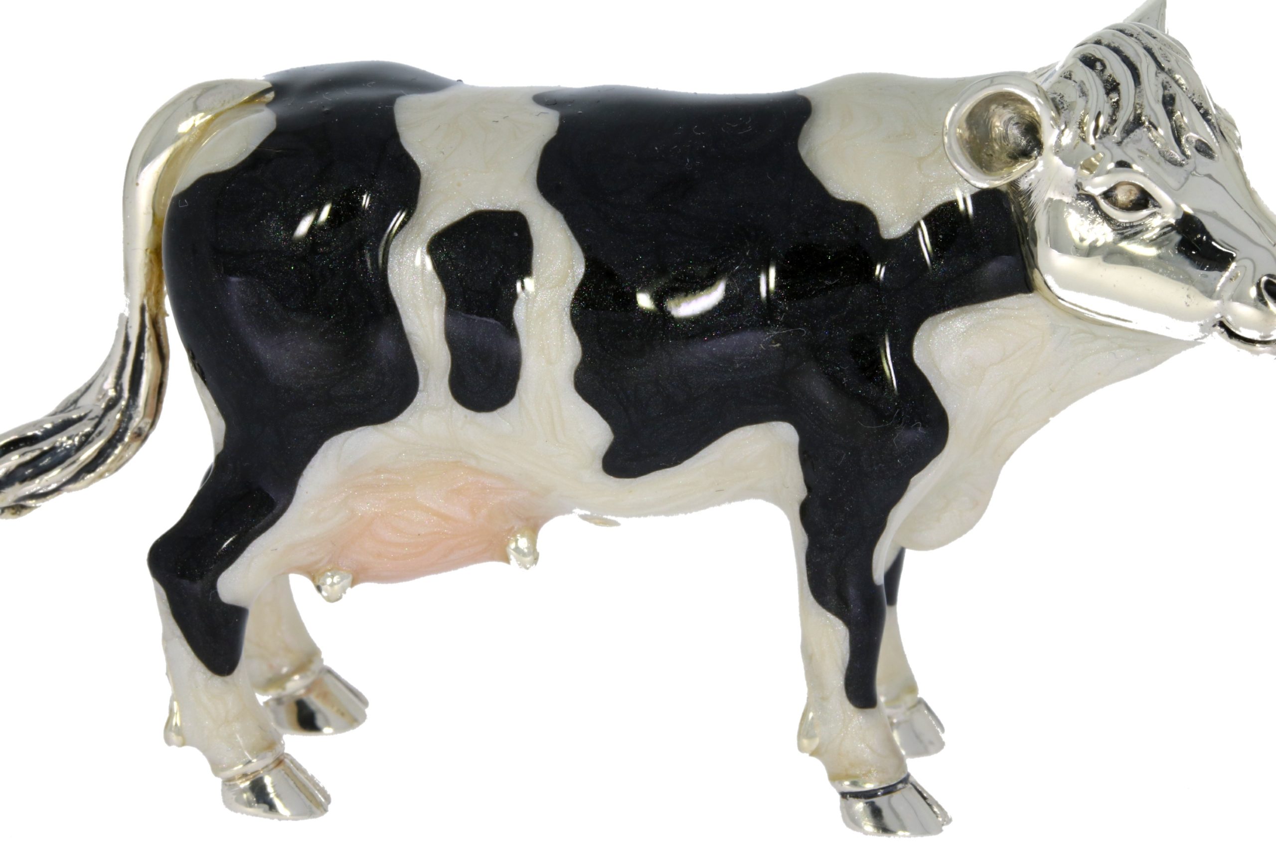 Saturno Sterling Silver & Enamel Black & White Small Cow Figurine