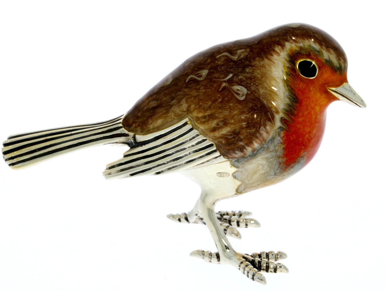 Sterling Silver & Enamel Large Robin Bird By Saturno Garden Figurine