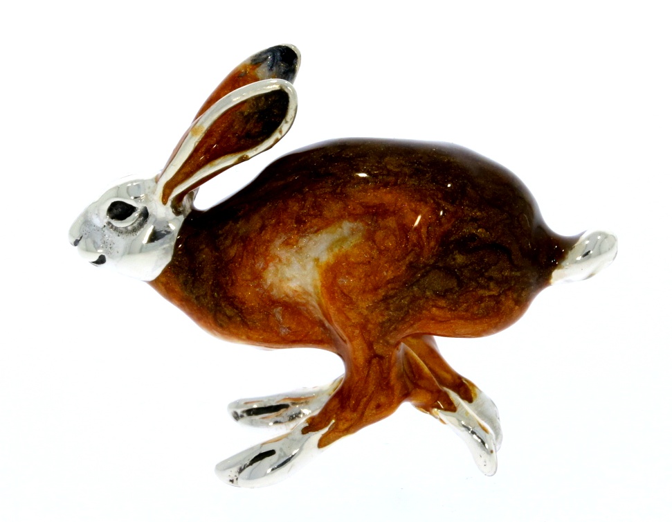 Saturno Sterling Silver & Enamel Small Running Hare Countryside Figurine