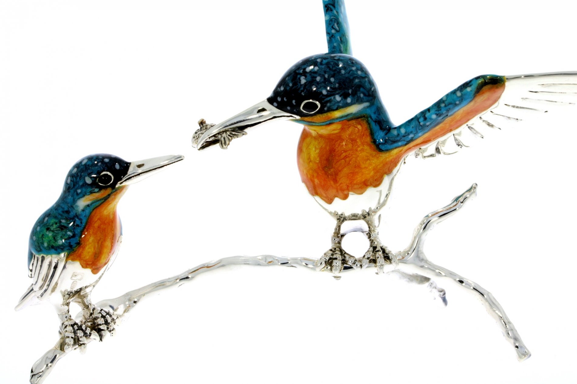 Saturno Sterling Silver & Enamel Kingfisher Bird and baby with a fish