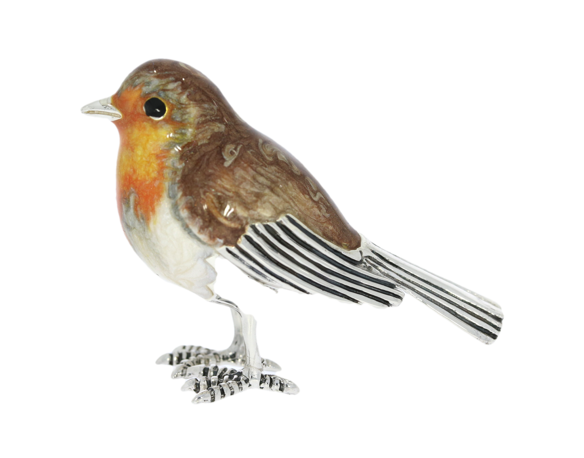 Sterling Silver & Enamel Robin Garden Bird By Saturno Figurine