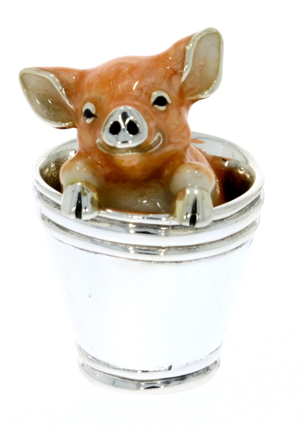 Saturno Sterling Silver & Enamel Medium Pig in a Bucket Figurine