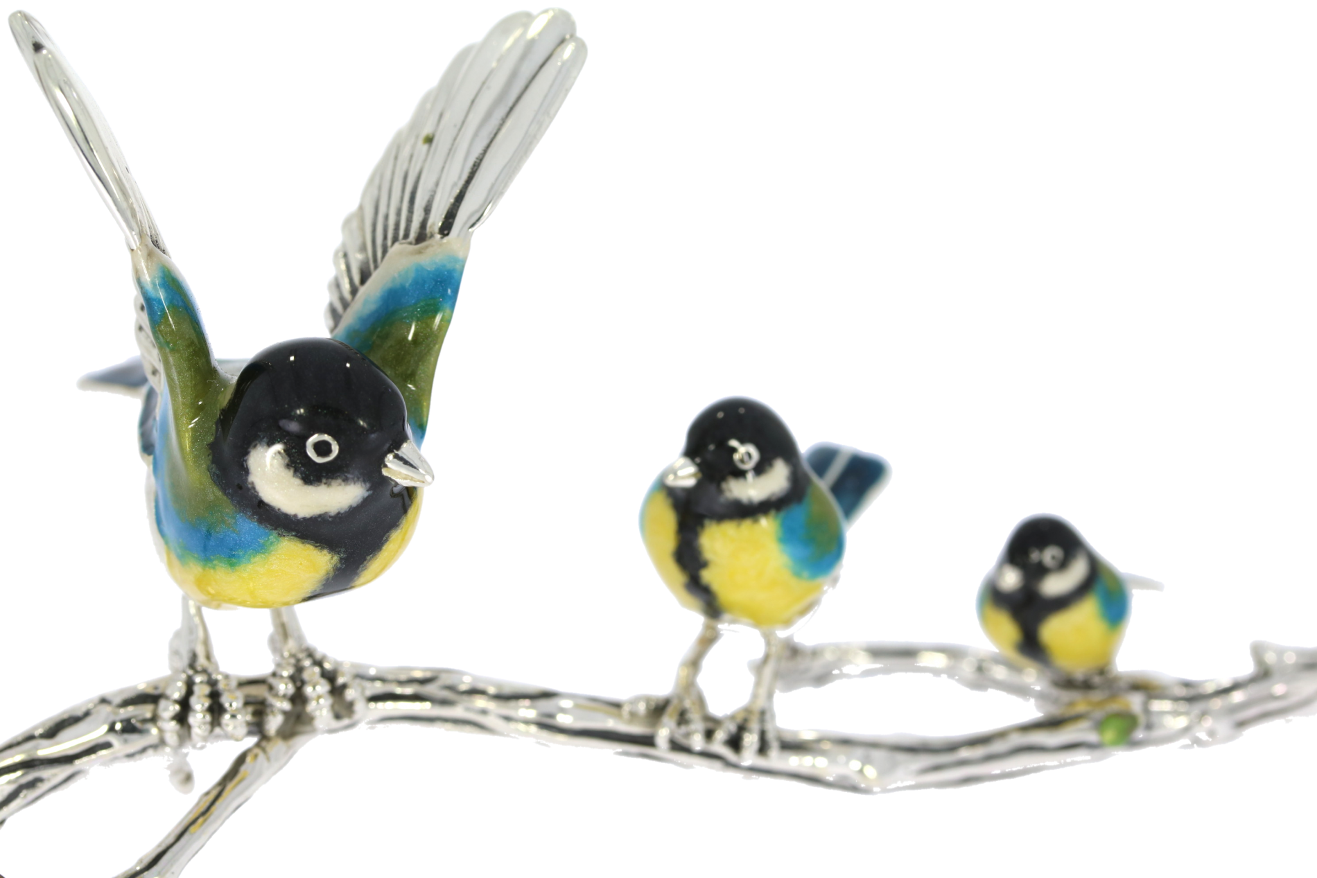 Saturno Sterling Silver & Enamel Three Blue Tits sitting on a branch