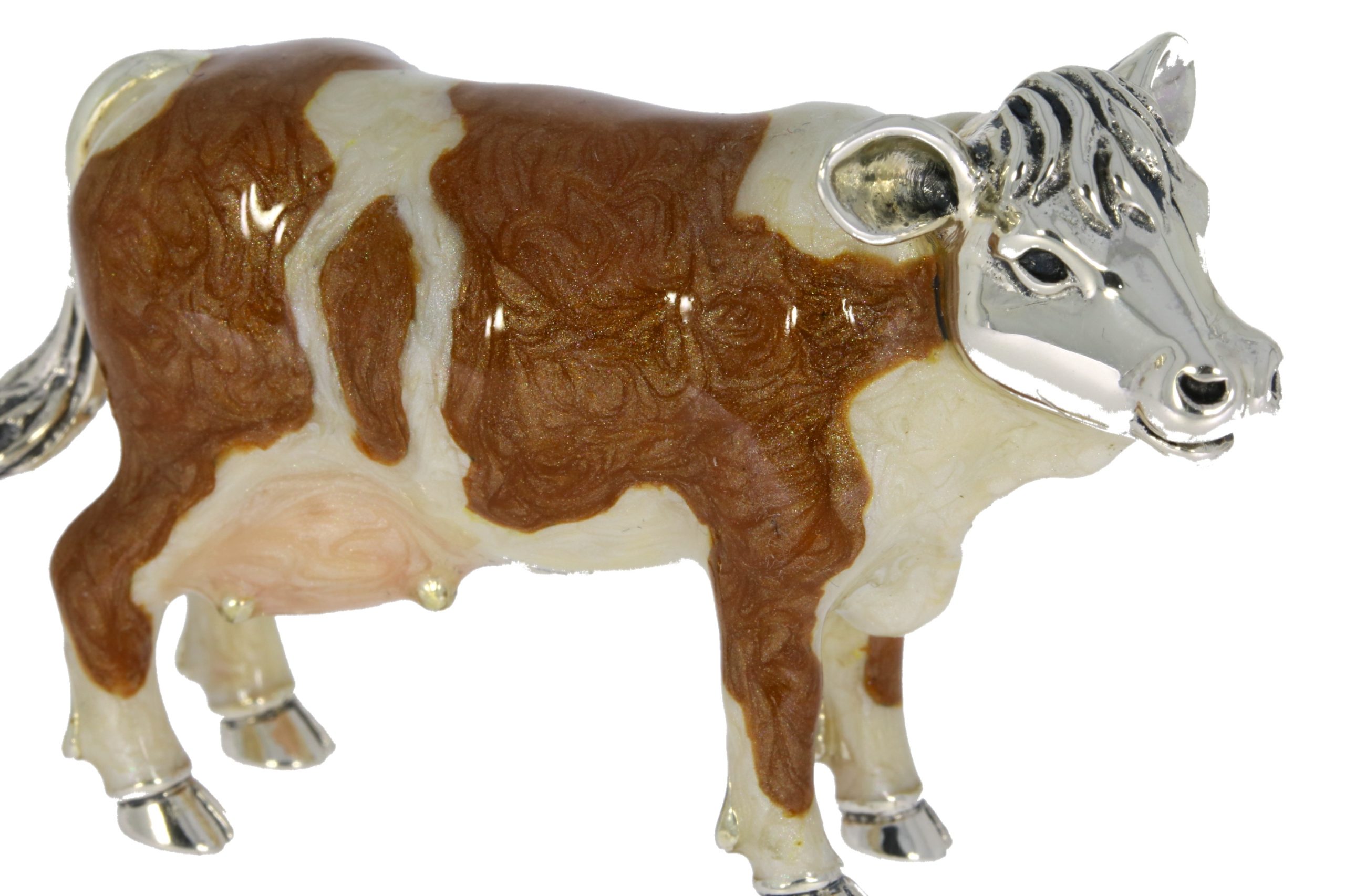 Saturno Sterling Silver & Enamel Brown & White Cow Figurine Farmyard