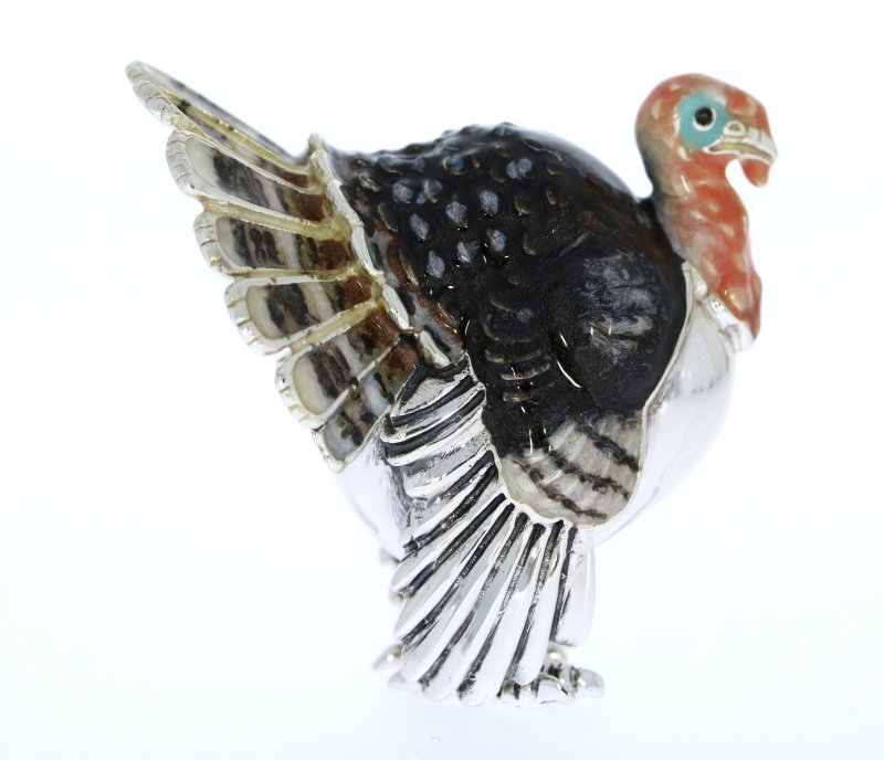 Saturno Sterling Silver and Enamel Turkey Bird Animal Sculpture