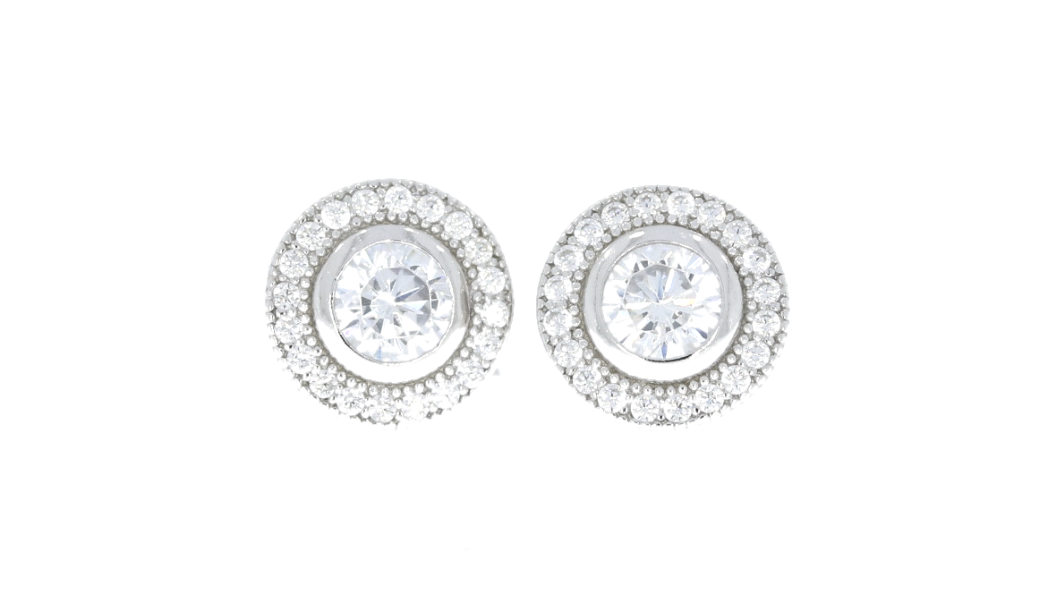 Sterling Silver Cubic Zirconia Round Halo Mount Earrings