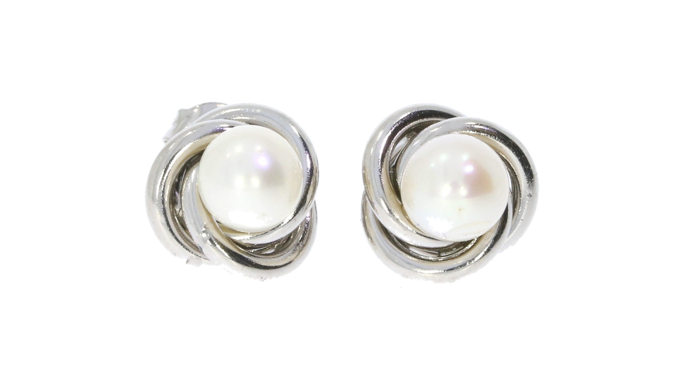 Sterling Silver & Pearl Twirl Design Stud Earrings