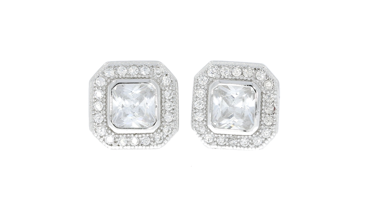 Sterling Silver Square Design Cubic Zirconia Halo Mount Earrings