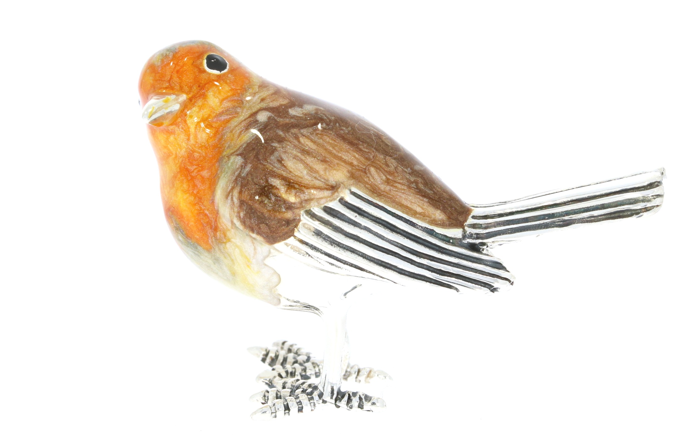 Sterling Silver & Enamel Robin Garden Bird By Saturno Figurine