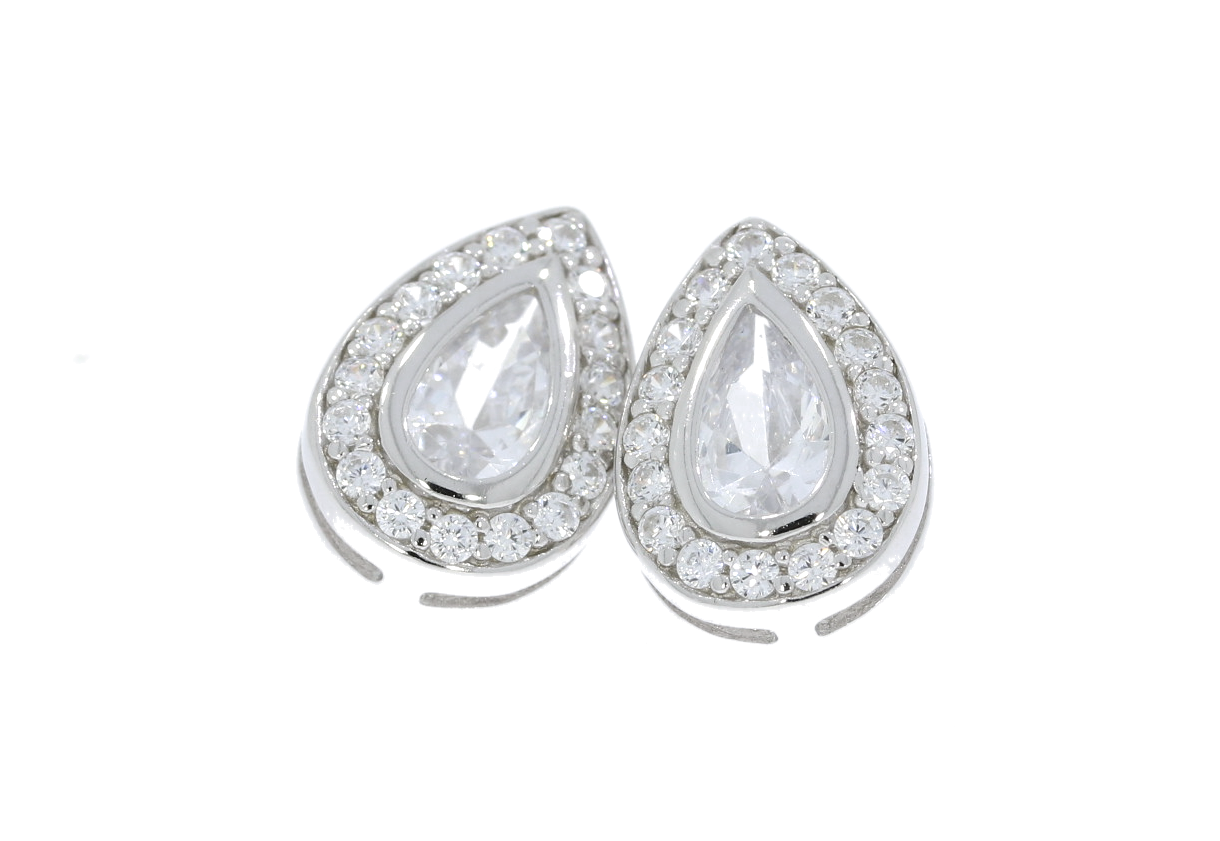 Sterling Silver Pear Shaped Cubic Zirconia Halo Mount Earrings