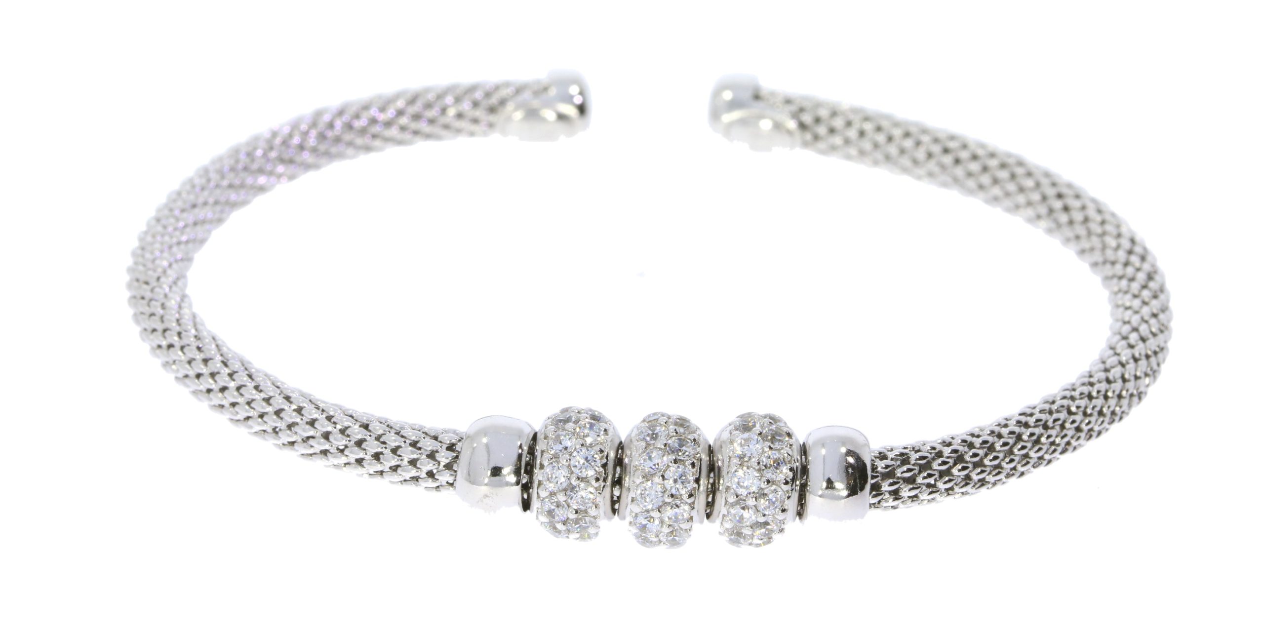 Sterling Silver with 3 Rondels set with Cubic Zirconias Bangle