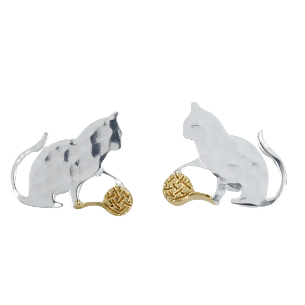 Sterling Silver Cat and Wool Stud Earrings