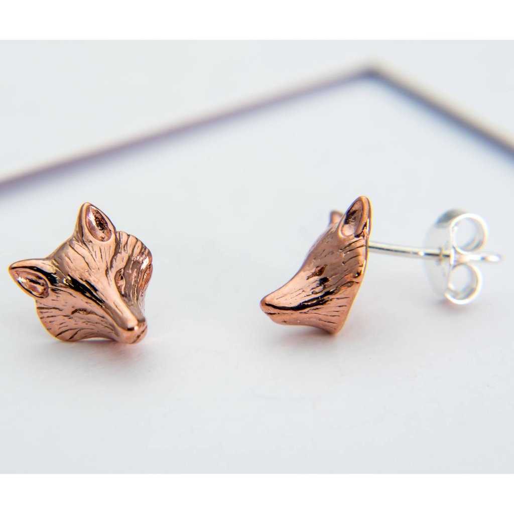 Fox Mask Sterling Silver Stud Earrings 18ct Rose Gold Vermeil Plated