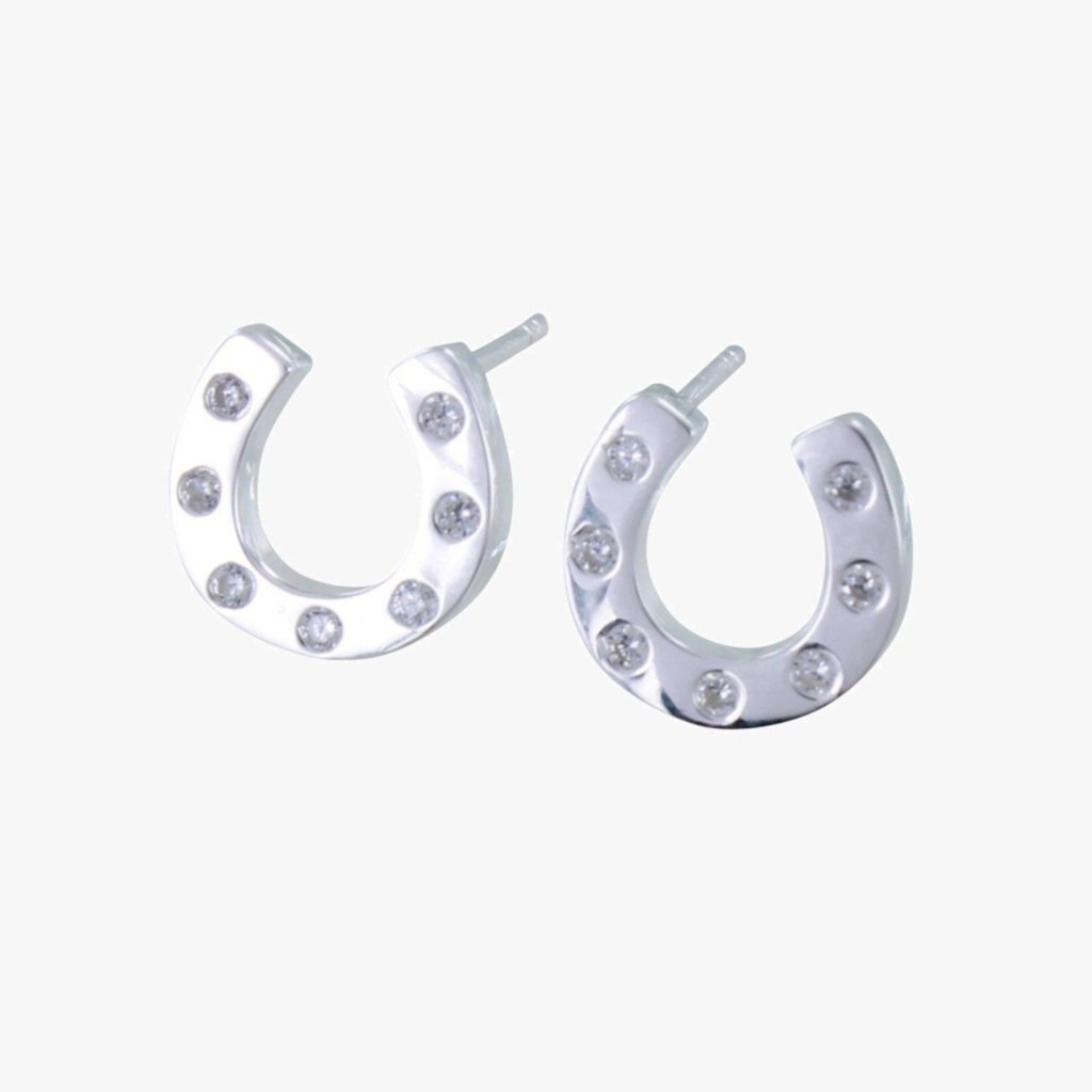 Sterling Silver & Pave Set CZ Horse Shoe Earrings Farrier Equestrian