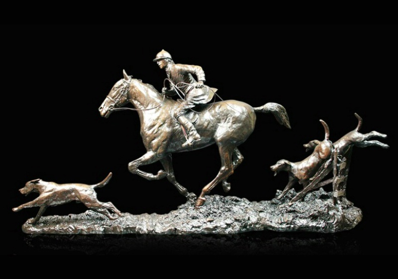 Solid Bronze Hunt Scene Equestrian/Open Fields (994) Horse/Man/Dogs