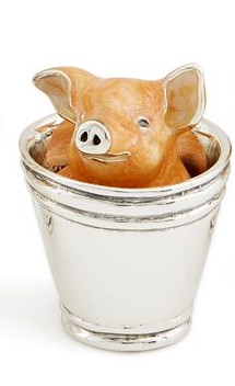 Saturno Sterling Silver & Enamel Small Pig in a Bucket Figurine