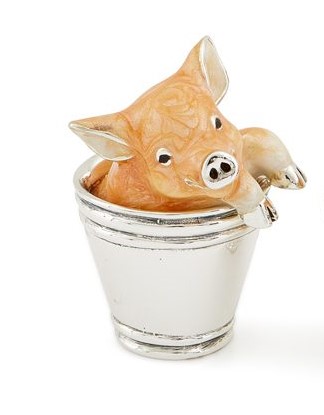 Saturno Sterling Silver & Enamel Large Pig in a Bucket Figurine