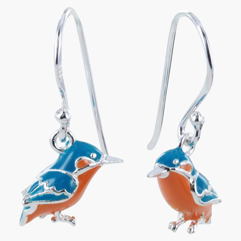 Sterling Silver & Enamel Kingfisher Drop Earrings