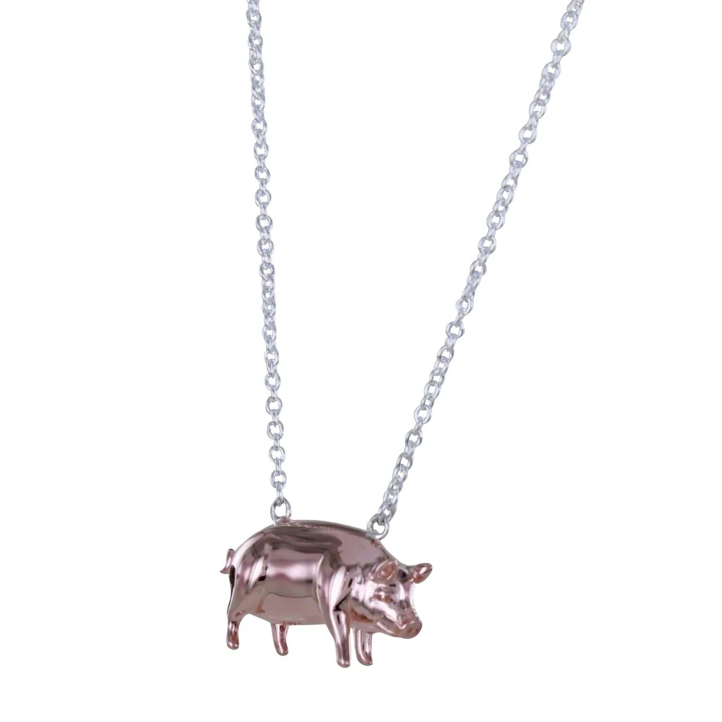 Sterling Silver Rose Pig Necklace
