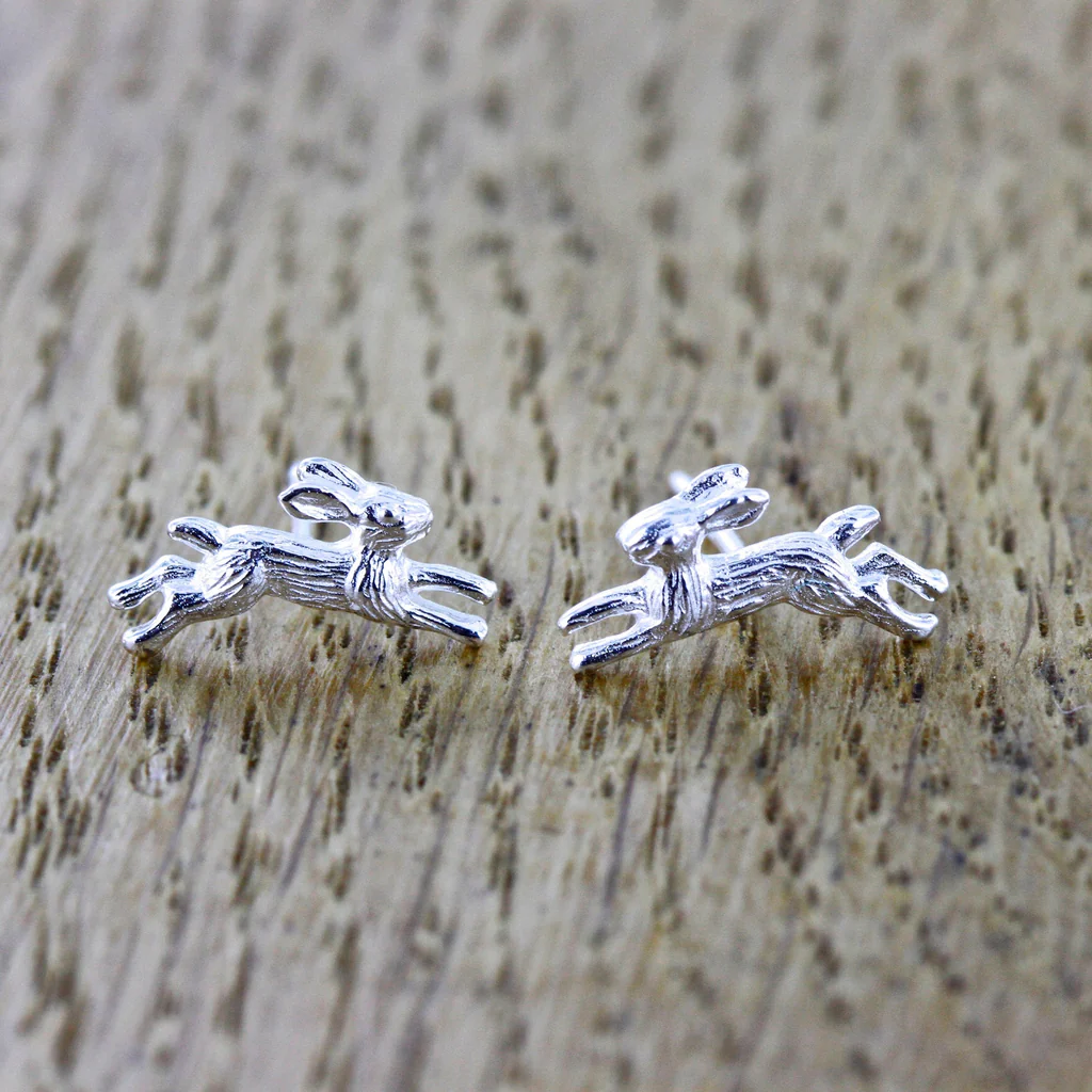 Sterling Silver Running Hare Stud Earrings