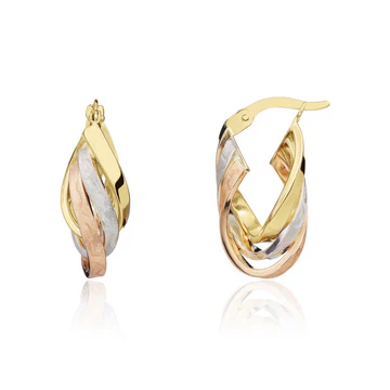 9ct Three Tone Y/W & Rose Gold Satin & Polished 3 Row Hoop Earrings