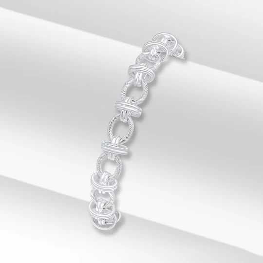 Sterling  Silver 9mm Handmade Textured Oval Double Ring Bracelet