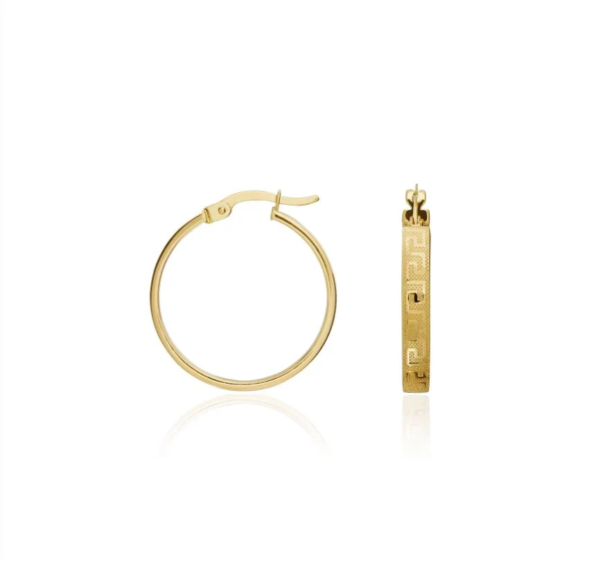 9CT Yellow Gold Greek Key Hoop Earrings 14x3.5mm