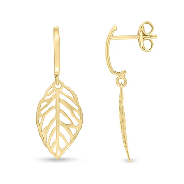 9ct Yellow Gold Curved Bar & Openwork Leaf Drop Earrings