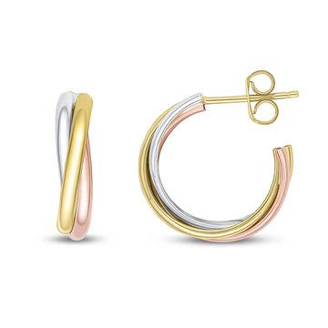 9ct Three Tone Yellow, White & Rose Gold Russian Style Hoop Earrings