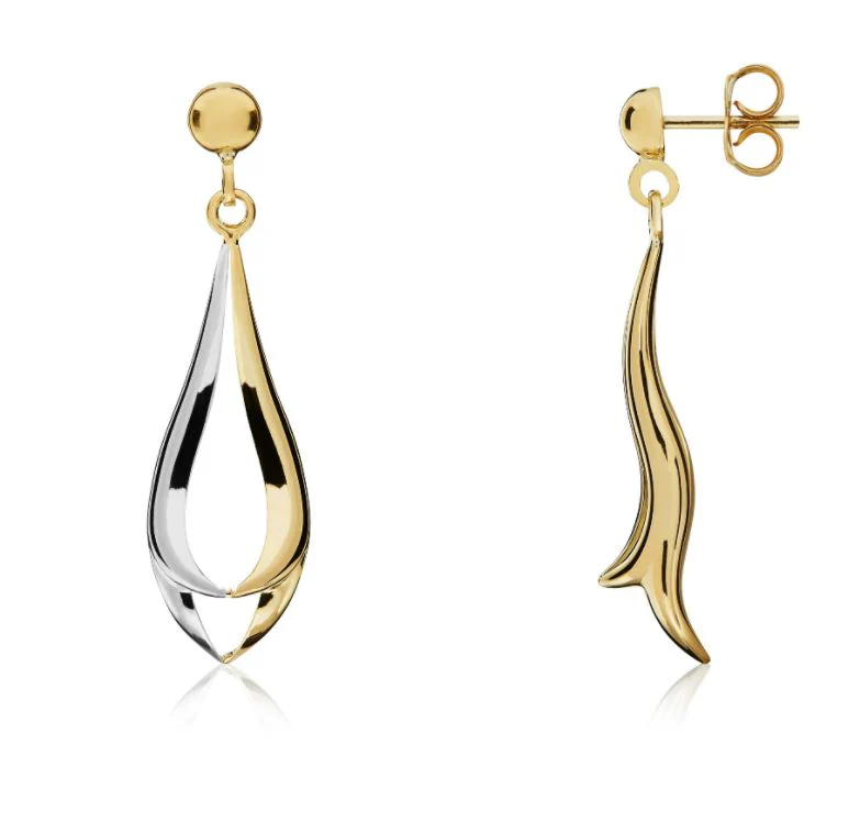 9ct Two Tone White & Yellow Gold Fancy Tear Drop Earrings 33mm