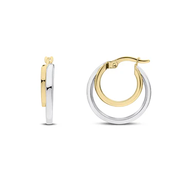 9ct Two Tone White & Yellow Gold Square Tube Double Hoop Earrings