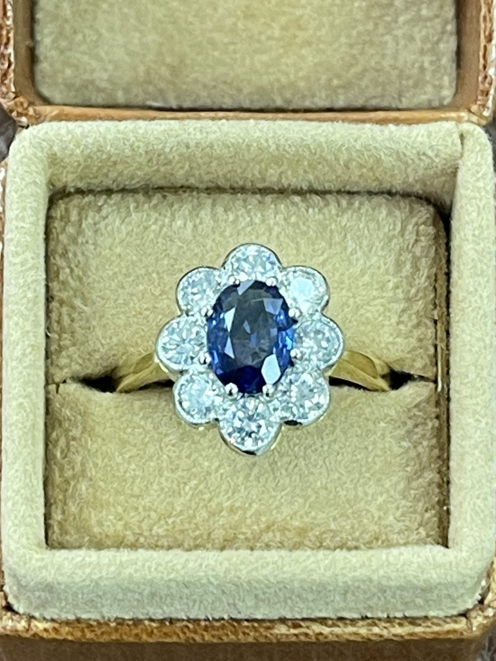 Sapphire and Diamond Cluster 18ct Yellow Gold Ring 1ct + 1.55ct
