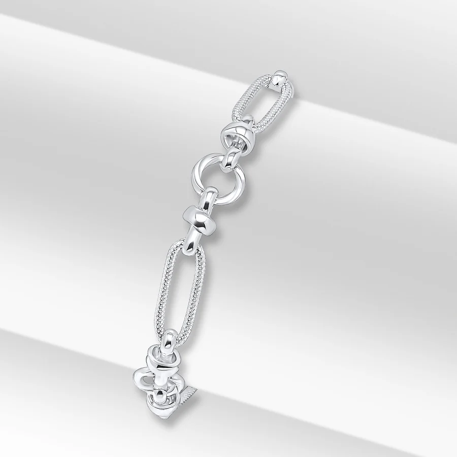 Sterling Silver Handmade Textured Long Oval Chain Bracelet