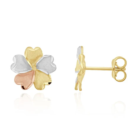 9ct Three Tone Yellow, White & Rose Gold Satin & Polished Flower Stud Earrings