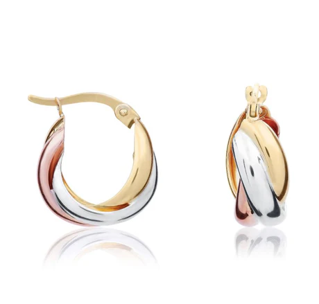 9ct Three Tone Yellow, White & Rose Gold Russian Wedding Hoop Earrings